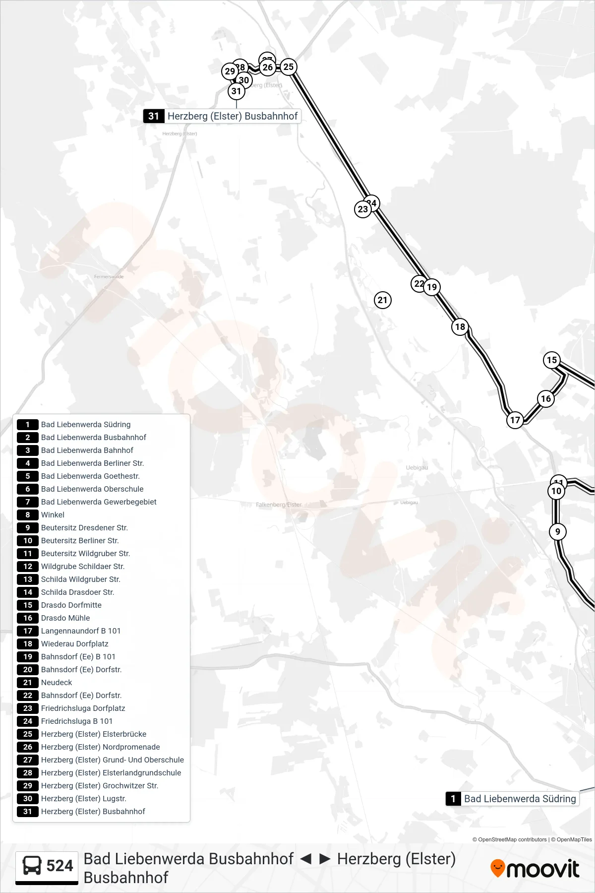 Linie 524 (Bus) Richtung Herzberg (Elster) Busbahnhof: Route und Haltestellen auf der Karte