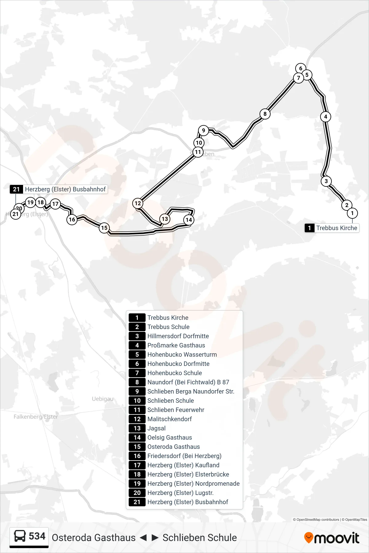 Linie 534 (Bus) Richtung Herzberg (Elster) Busbahnhof: Route und Haltestellen auf der Karte