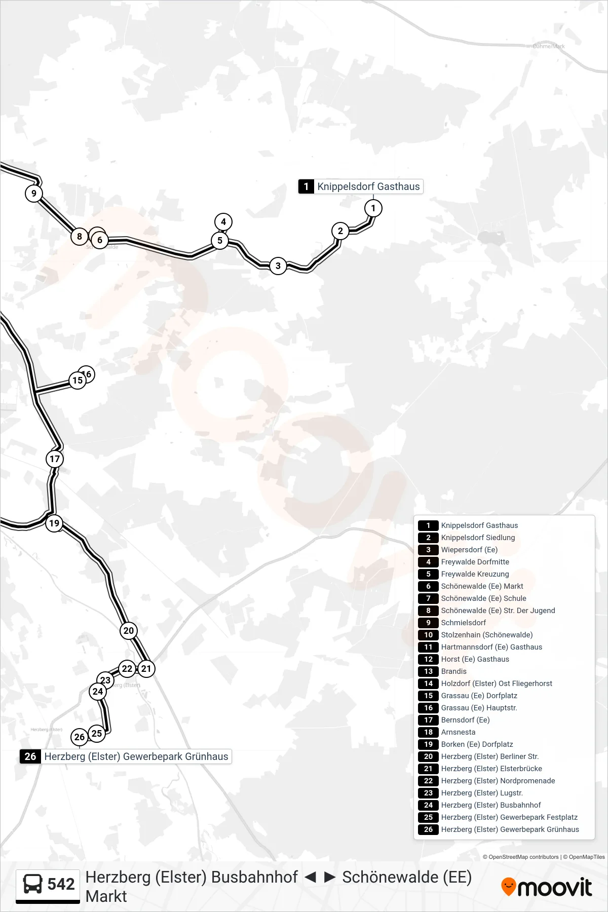 Linie 542 (Bus) Richtung Herzberg (Elster) Gewerbepark Grünhaus: Route und Haltestellen auf der Karte