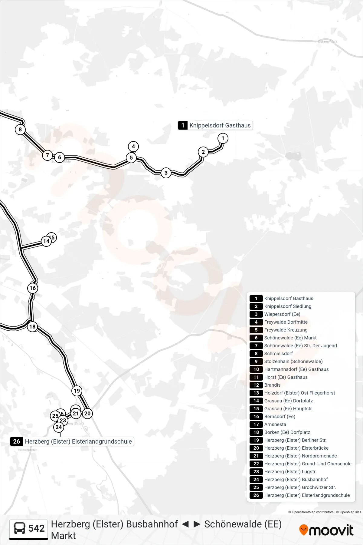 Linie 542 (Bus) Richtung Herzberg (Elster) Elsterlandgrundschule: Route und Haltestellen auf der Karte