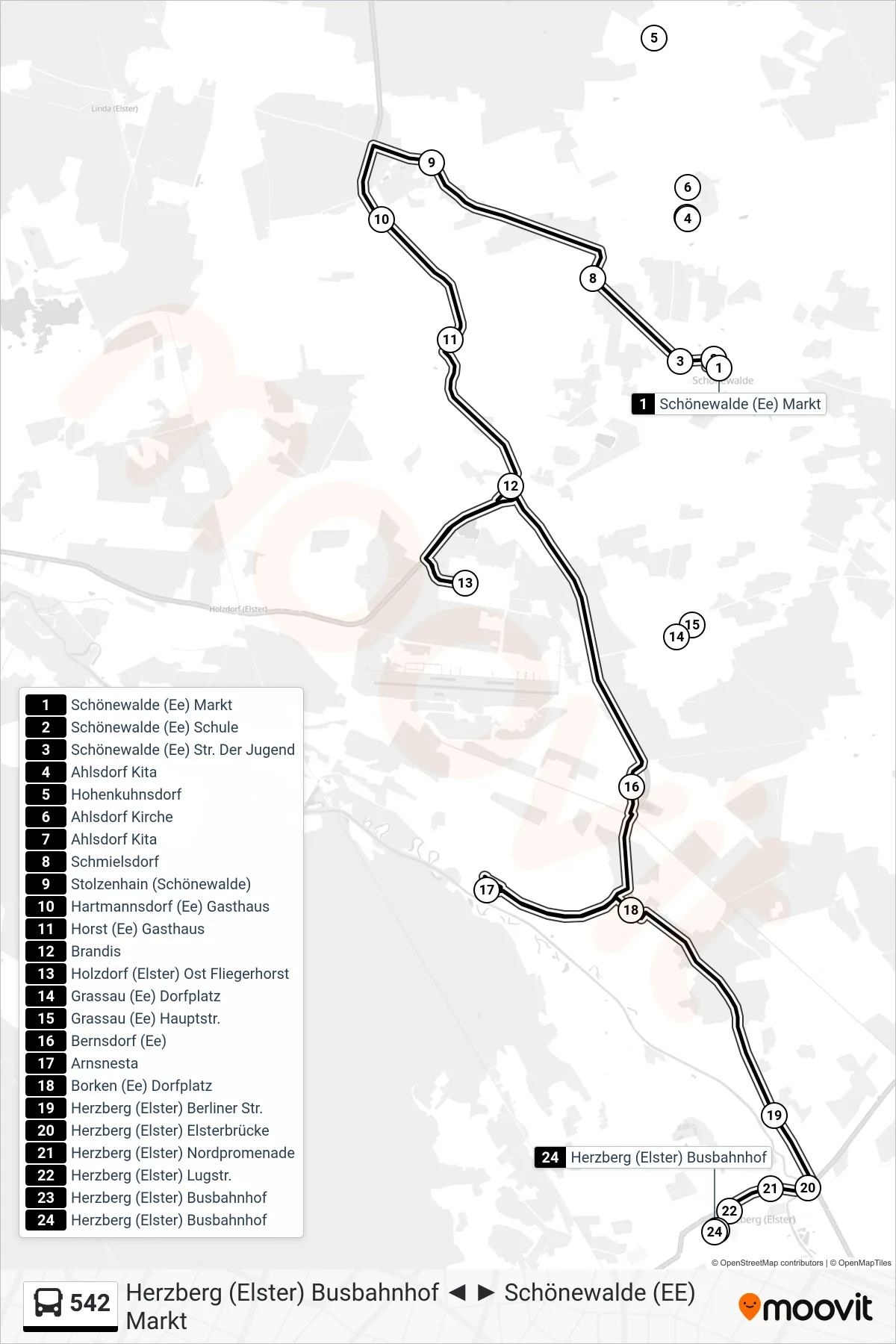 Linie 542 (Bus) Richtung Herzberg (Elster) Busbahnhof: Route und Haltestellen auf der Karte