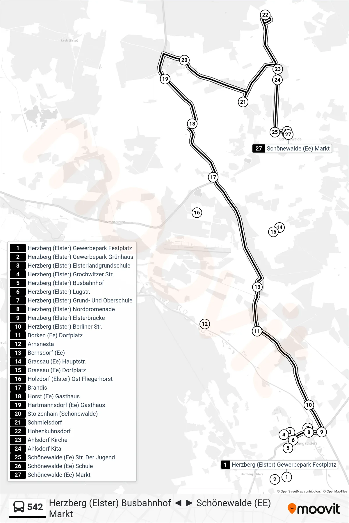 Linie 542 (Bus) Richtung Schönewalde (Ee) Markt: Route und Haltestellen auf der Karte