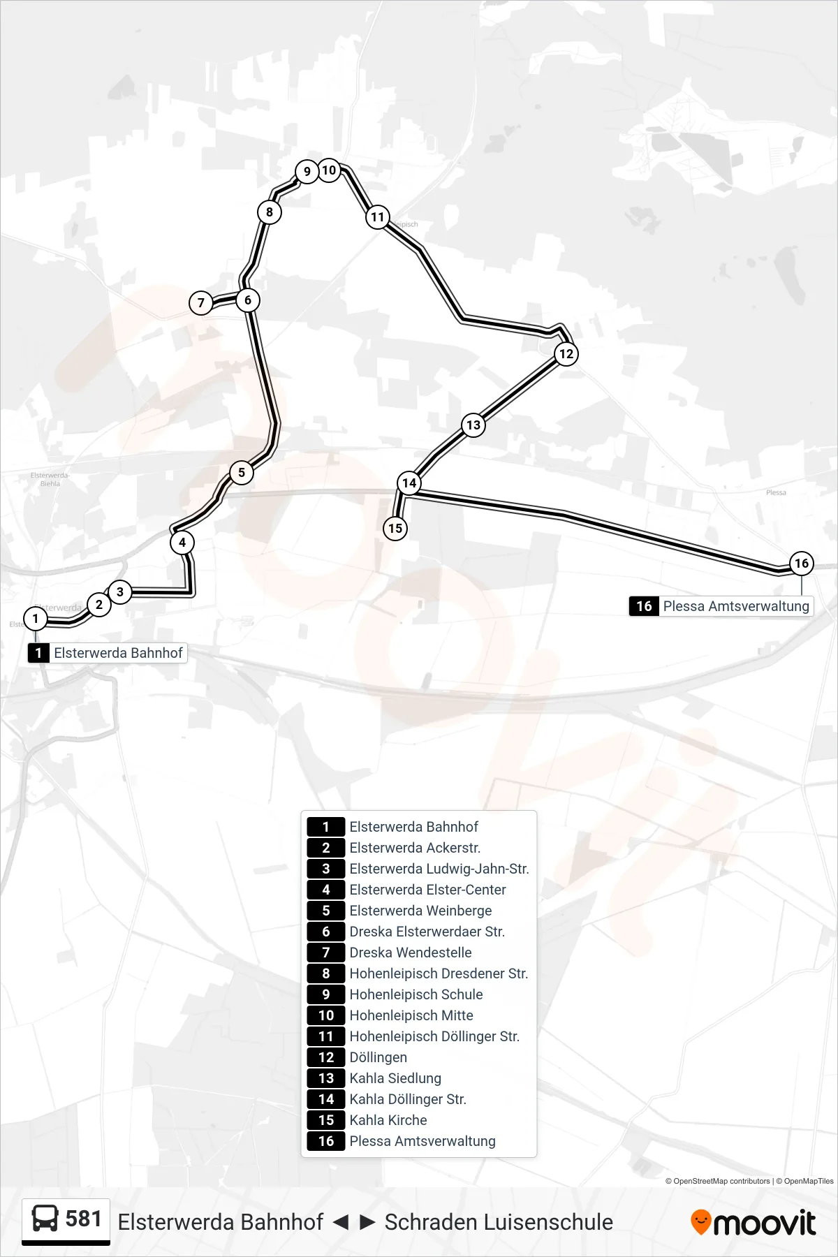 Linie 581 (Bus) Richtung Plessa Amtsverwaltung: Route und Haltestellen auf der Karte