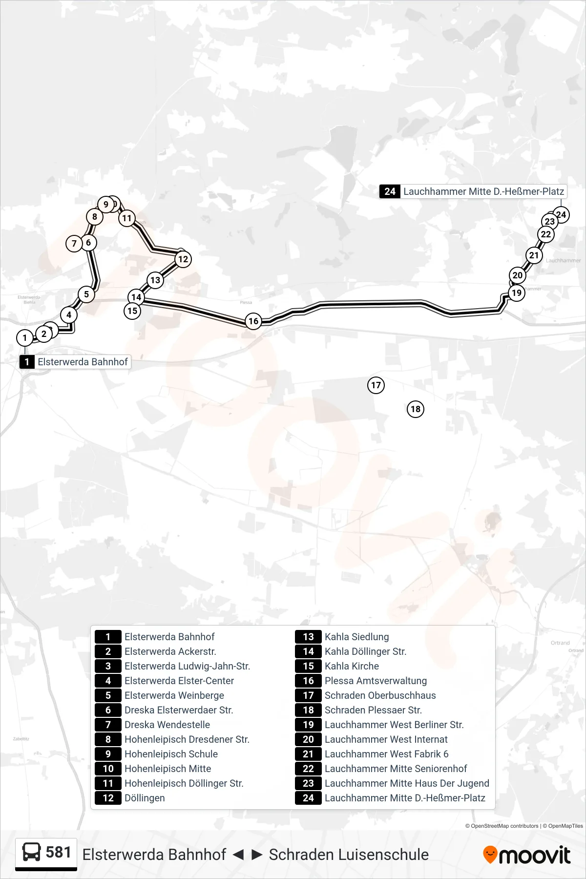 Linie 581 (Bus) Richtung Lauchhammer Mitte D.-Heßmer-Platz: Route und Haltestellen auf der Karte