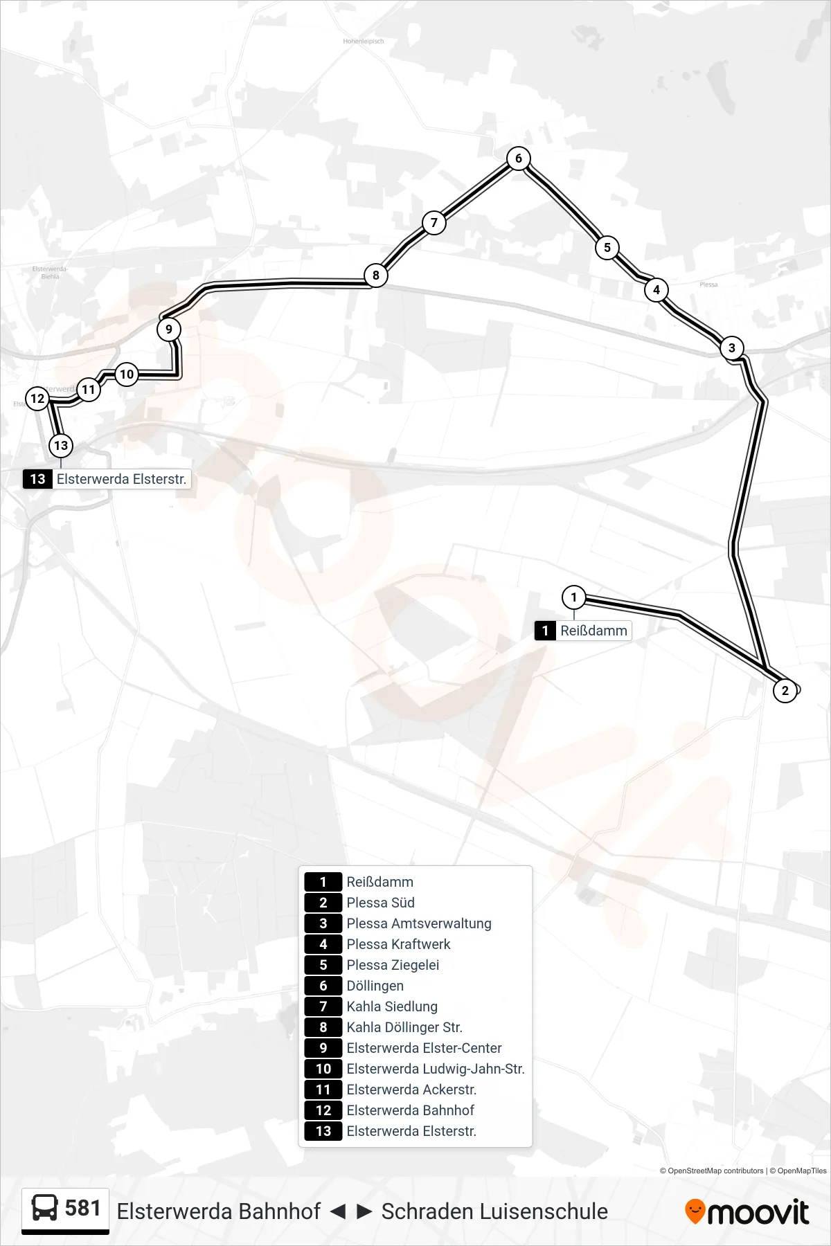 Linie 581 (Bus) Richtung Elsterwerda Elsterstr.: Route und Haltestellen auf der Karte