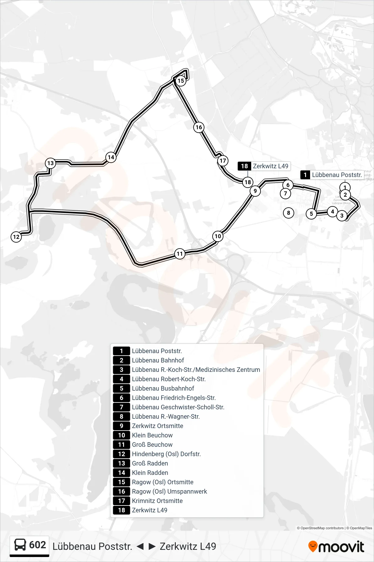 Linie 602 (Bus) Richtung Zerkwitz L49: Route und Haltestellen auf der Karte
