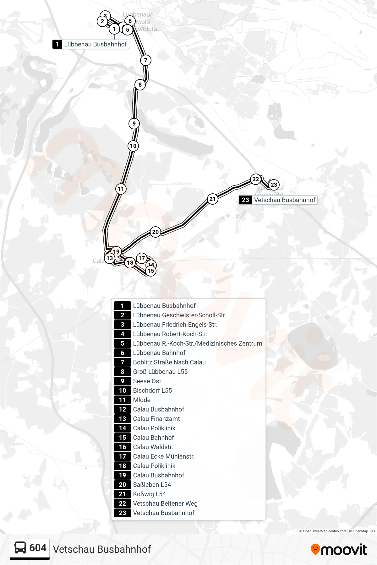 604 bus Line (Vetschau Busbahnhof) route and stops on a map