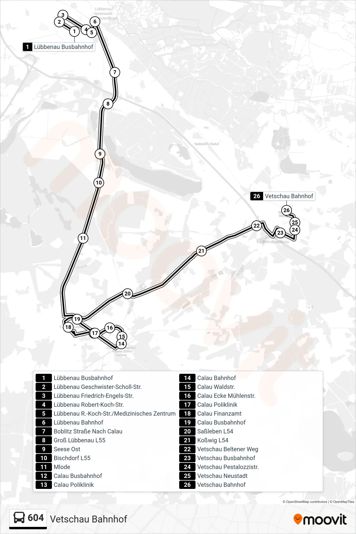 Linie 604 (Bus) Richtung Vetschau Bahnhof: Route und Haltestellen auf der Karte
