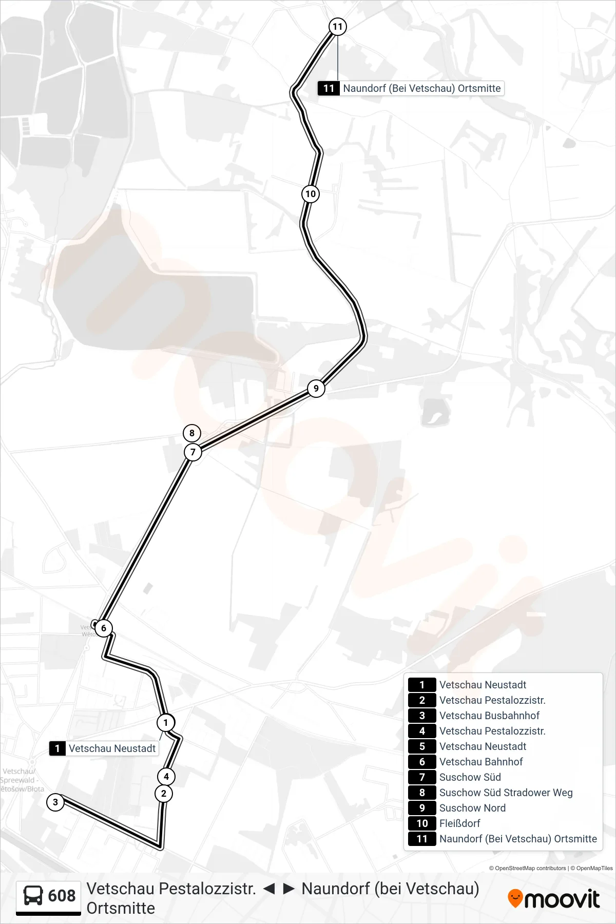 Linie 608 (Bus) Richtung Naundorf (Bei Vetschau) Ortsmitte: Route und Haltestellen auf der Karte
