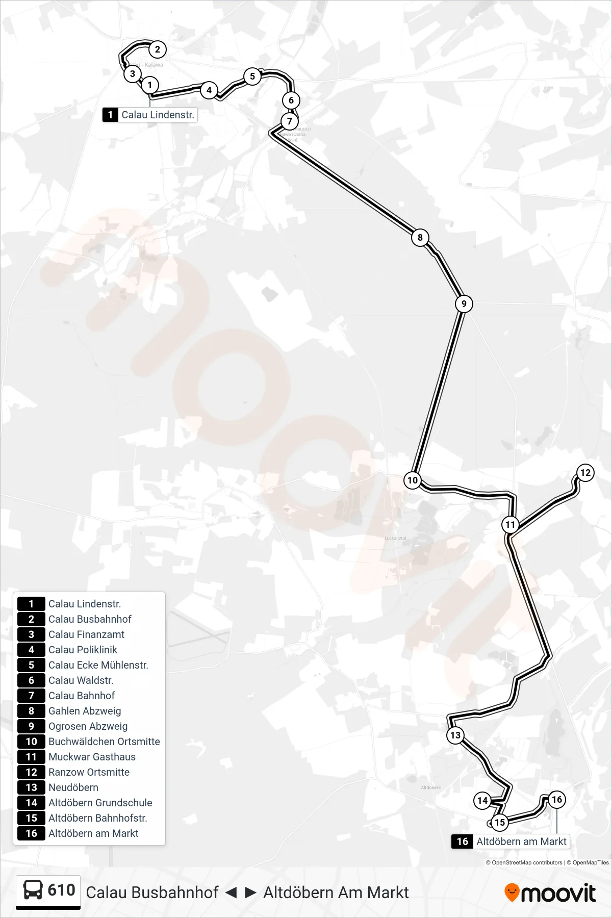 Linie 610 (Bus) Richtung Altdöbern am Markt: Route und Haltestellen auf der Karte