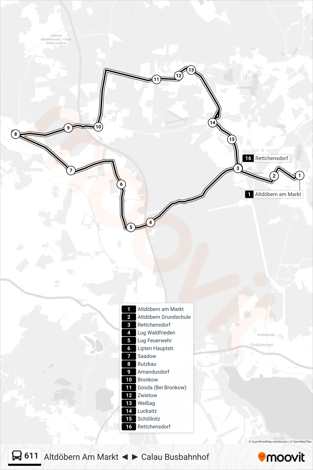 Linie 611 (Bus) Richtung Rettchensdorf: Route und Haltestellen auf der Karte