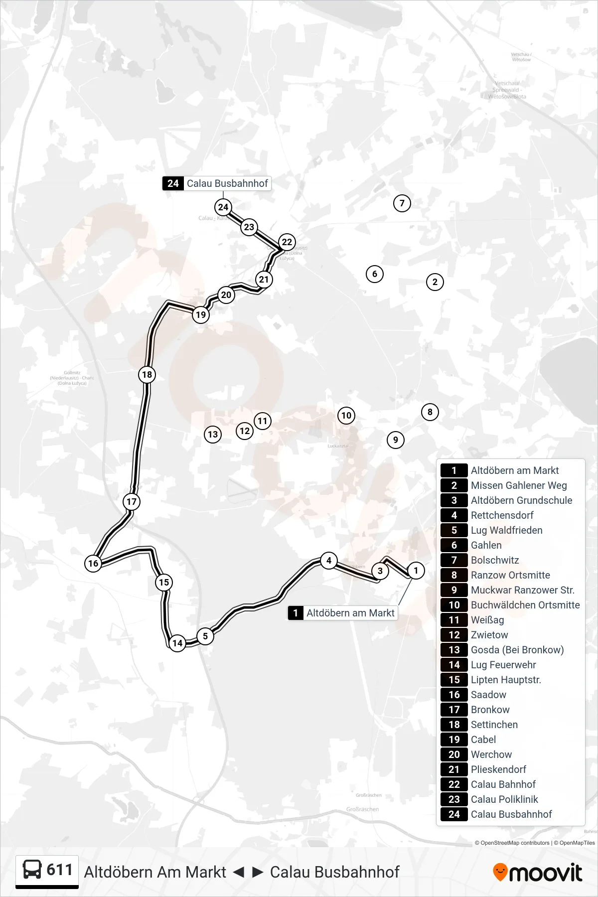 Linie 611 (Bus) Richtung Calau Busbahnhof: Route und Haltestellen auf der Karte