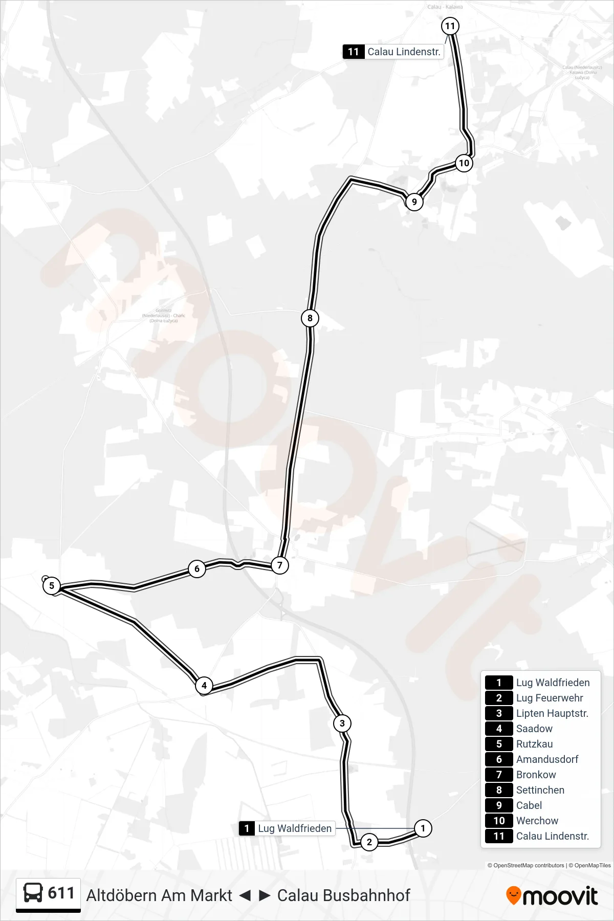 Linie 611 (Bus) Richtung Calau Lindenstr.: Route und Haltestellen auf der Karte