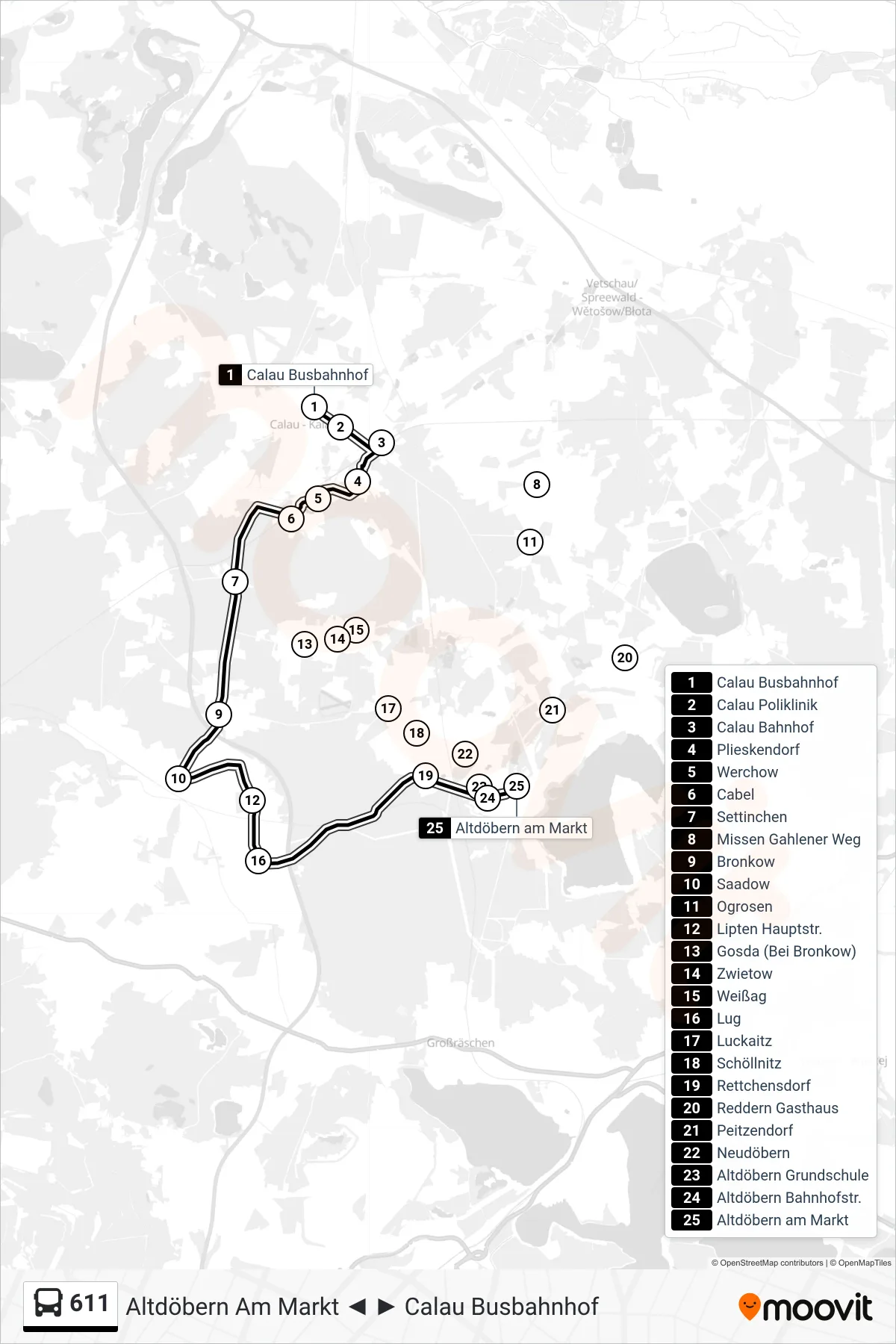 Linie 611 (Bus) Richtung Altdöbern am Markt: Route und Haltestellen auf der Karte