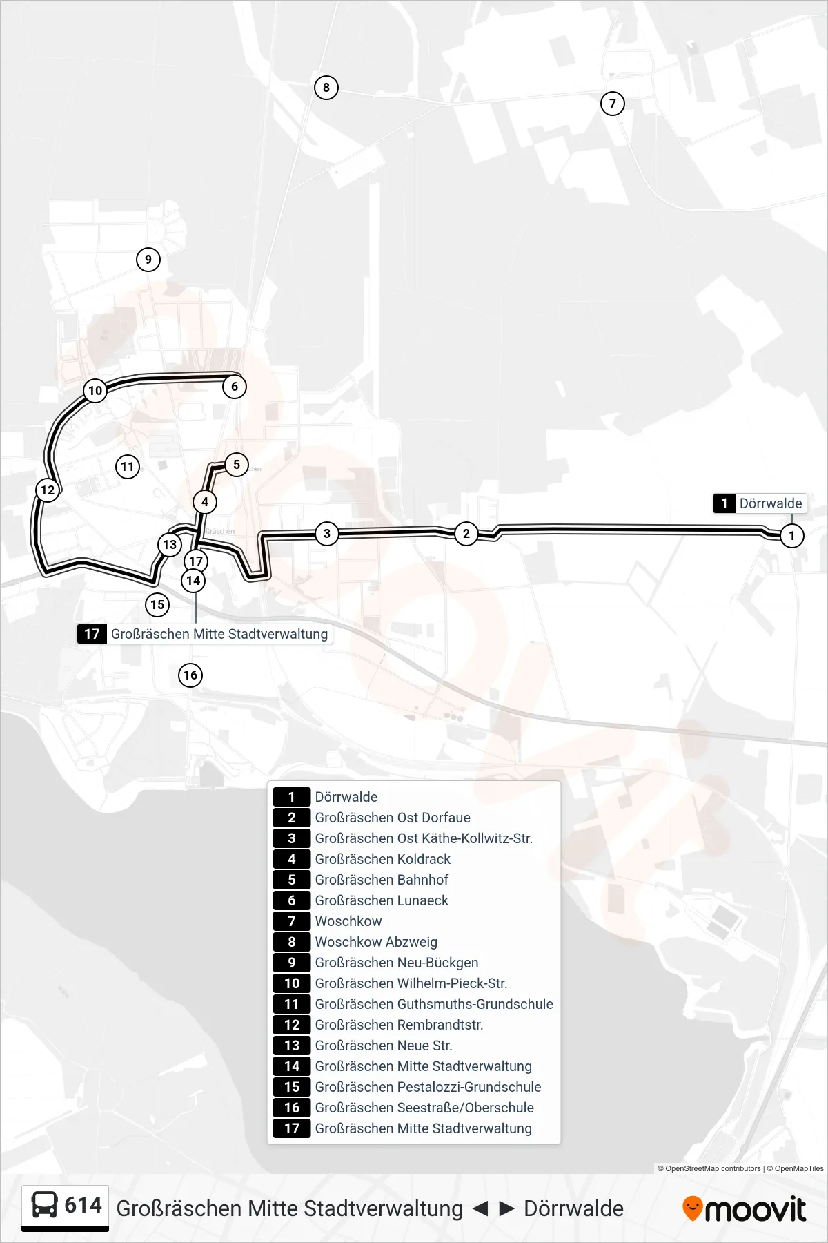 Linie 614 (Bus) Richtung Großräschen Mitte Stadtverwaltung: Route und Haltestellen auf der Karte