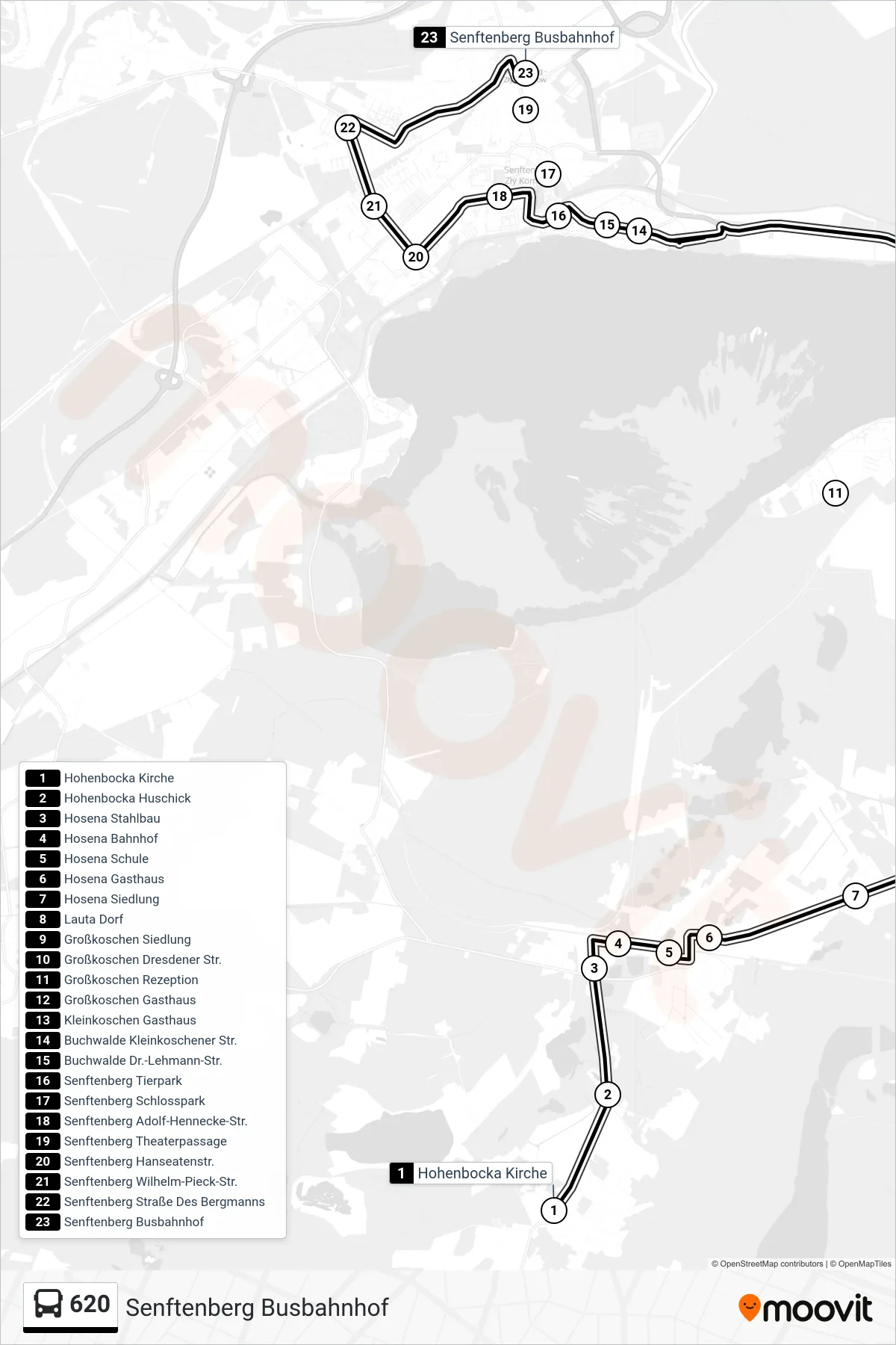 Linie 620 (Bus) Richtung Senftenberg Busbahnhof: Route und Haltestellen auf der Karte