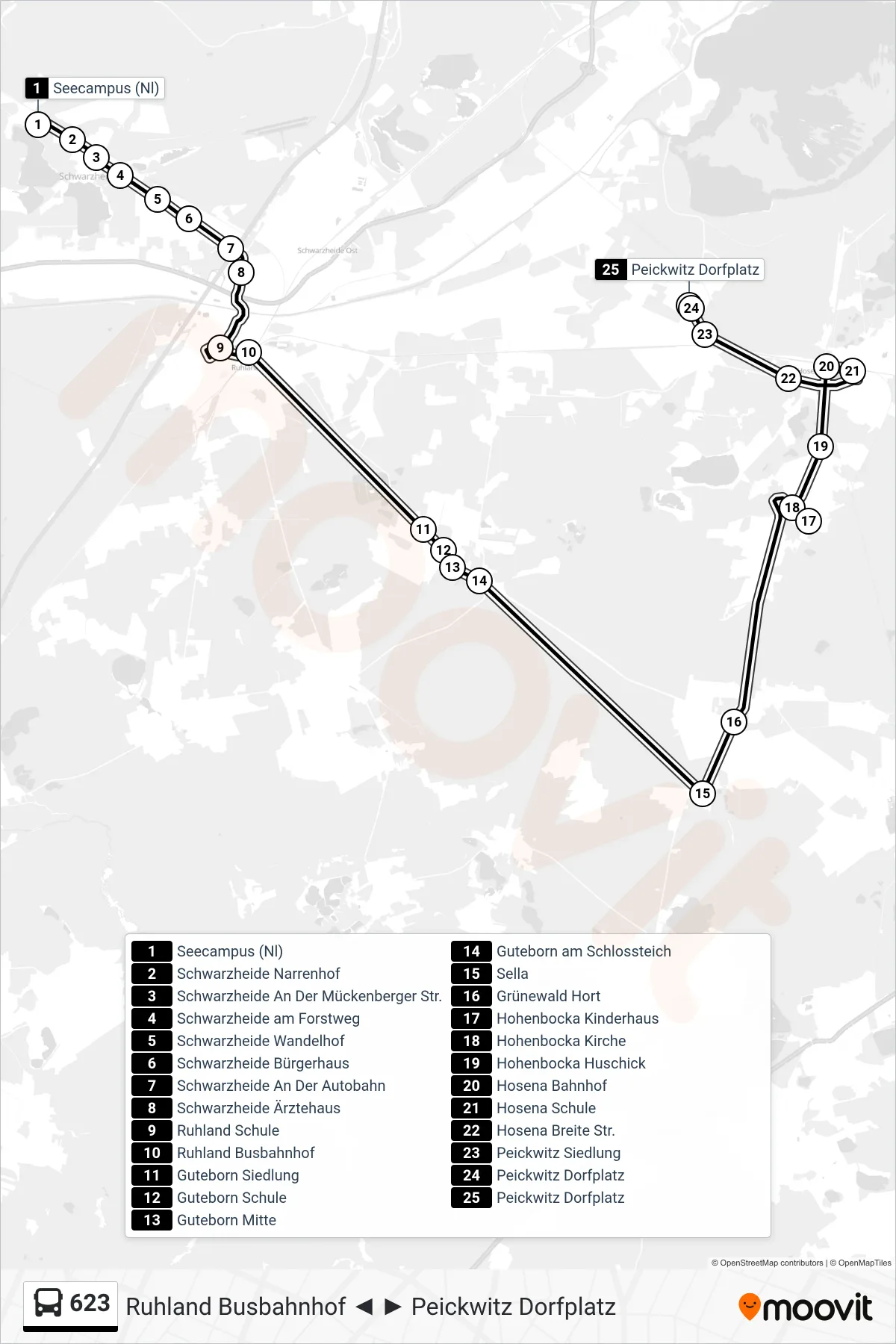 Linie 623 (Bus) Richtung Peickwitz Dorfplatz: Route und Haltestellen auf der Karte