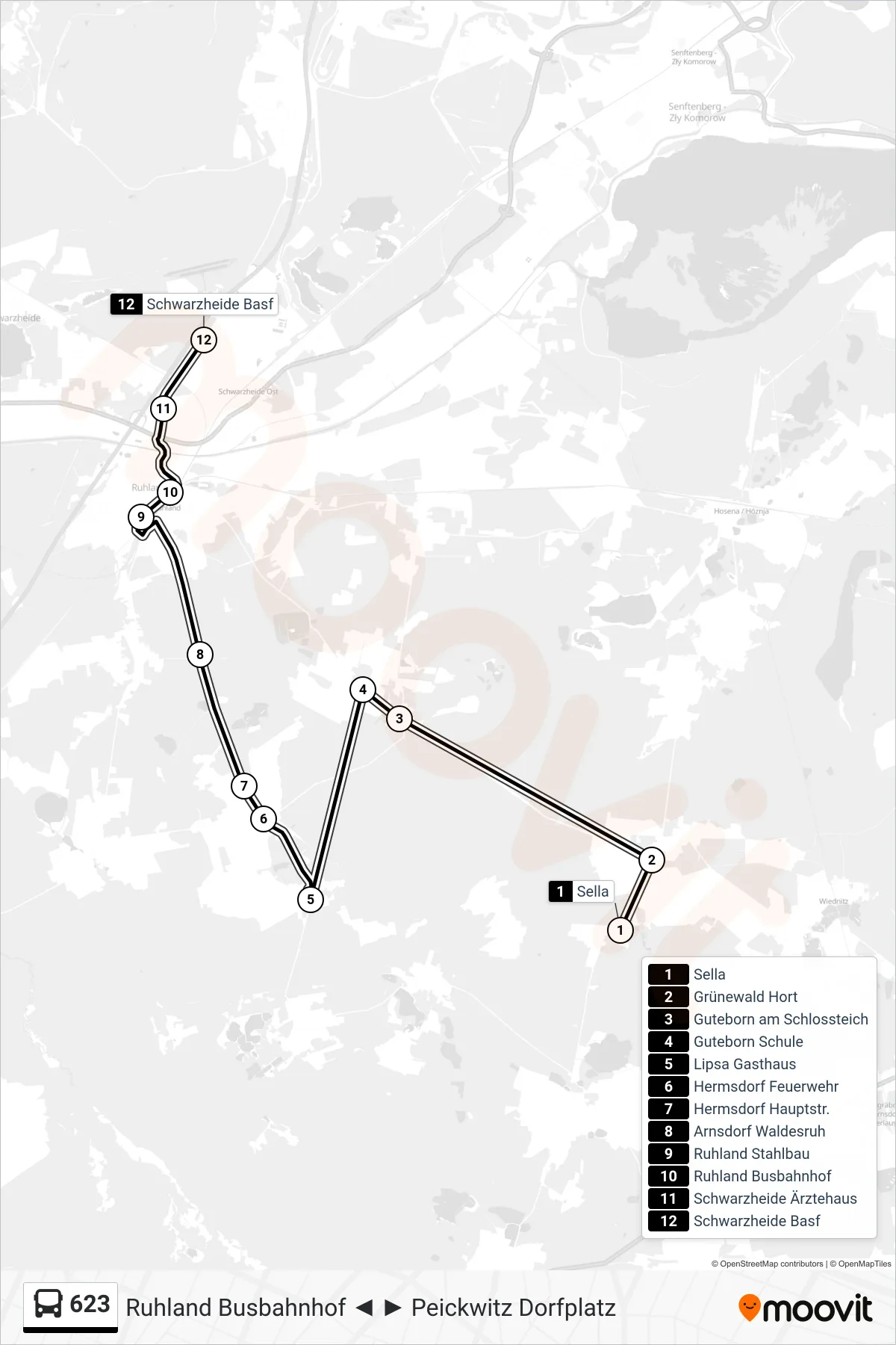 Linie 623 (Bus) Richtung Schwarzheide Basf: Route und Haltestellen auf der Karte