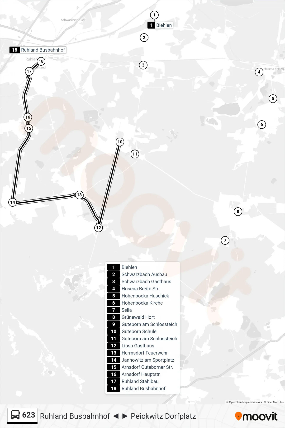 Linie 623 (Bus) Richtung Ruhland Busbahnhof: Route und Haltestellen auf der Karte