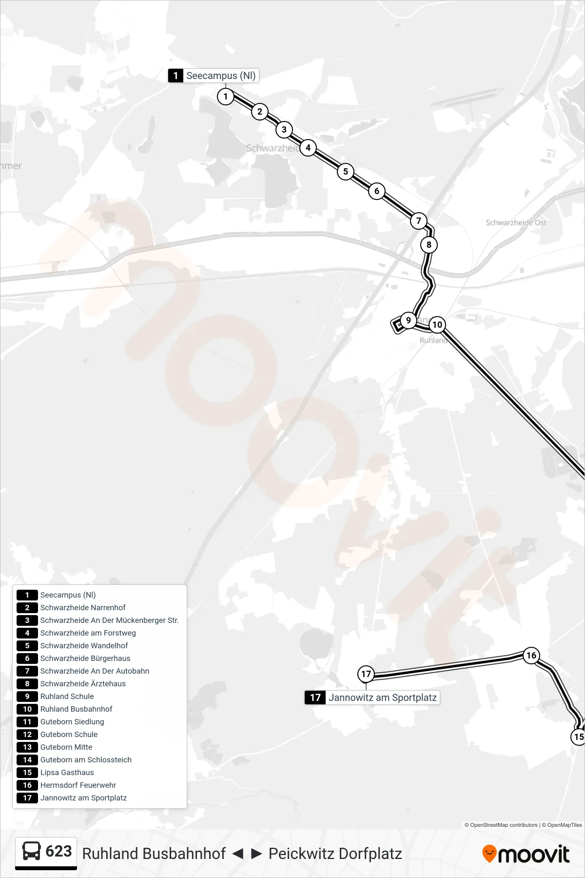 Linie 623 (Bus) Richtung Jannowitz am Sportplatz: Route und Haltestellen auf der Karte