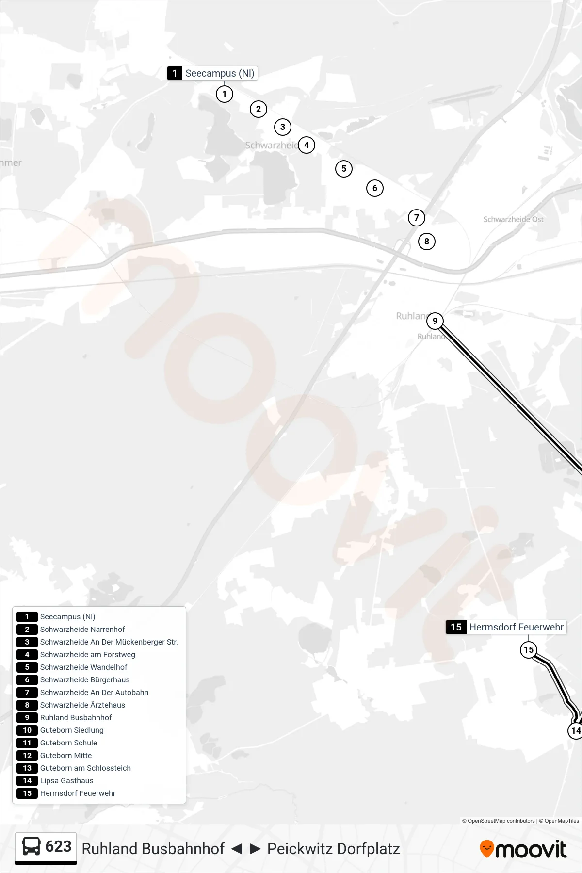 623 bus Line (Hermsdorf Feuerwehr) route and stops on a map