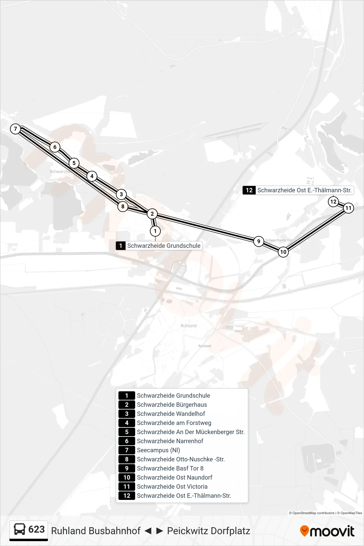 623 bus Line (Schwarzheide Ost E.-Thälmann-Str.) route and stops on a map