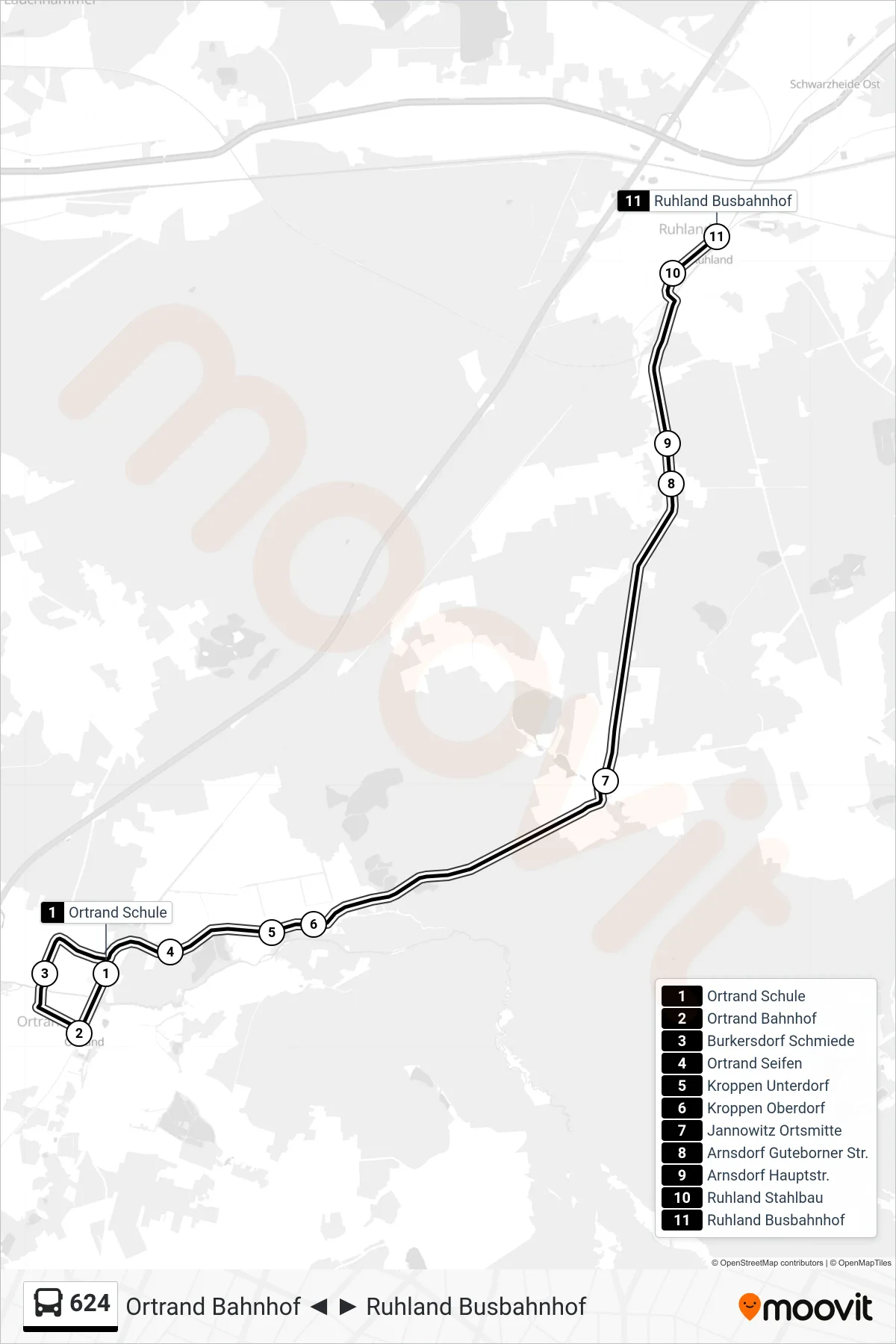 Linie 624 (Bus) Richtung Ruhland Busbahnhof: Route und Haltestellen auf der Karte