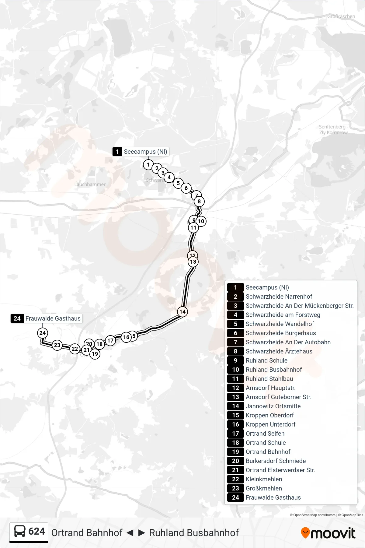 Linie 624 (Bus) Richtung Frauwalde Gasthaus: Route und Haltestellen auf der Karte