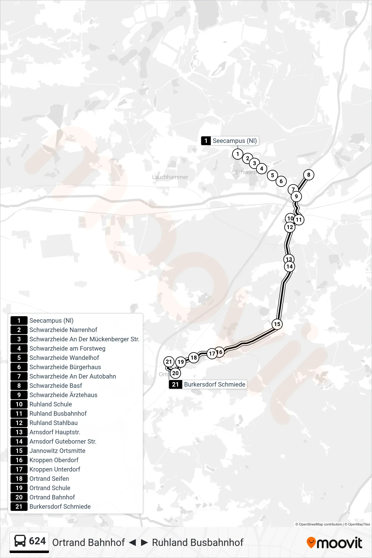 Linie 624 (Bus) Richtung Burkersdorf Schmiede: Route und Haltestellen auf der Karte