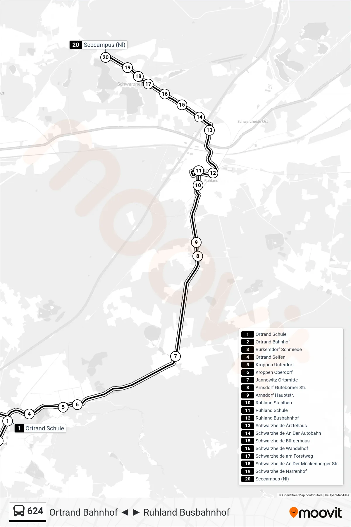 Linie 624 (Bus) Richtung Seecampus (Nl): Route und Haltestellen auf der Karte