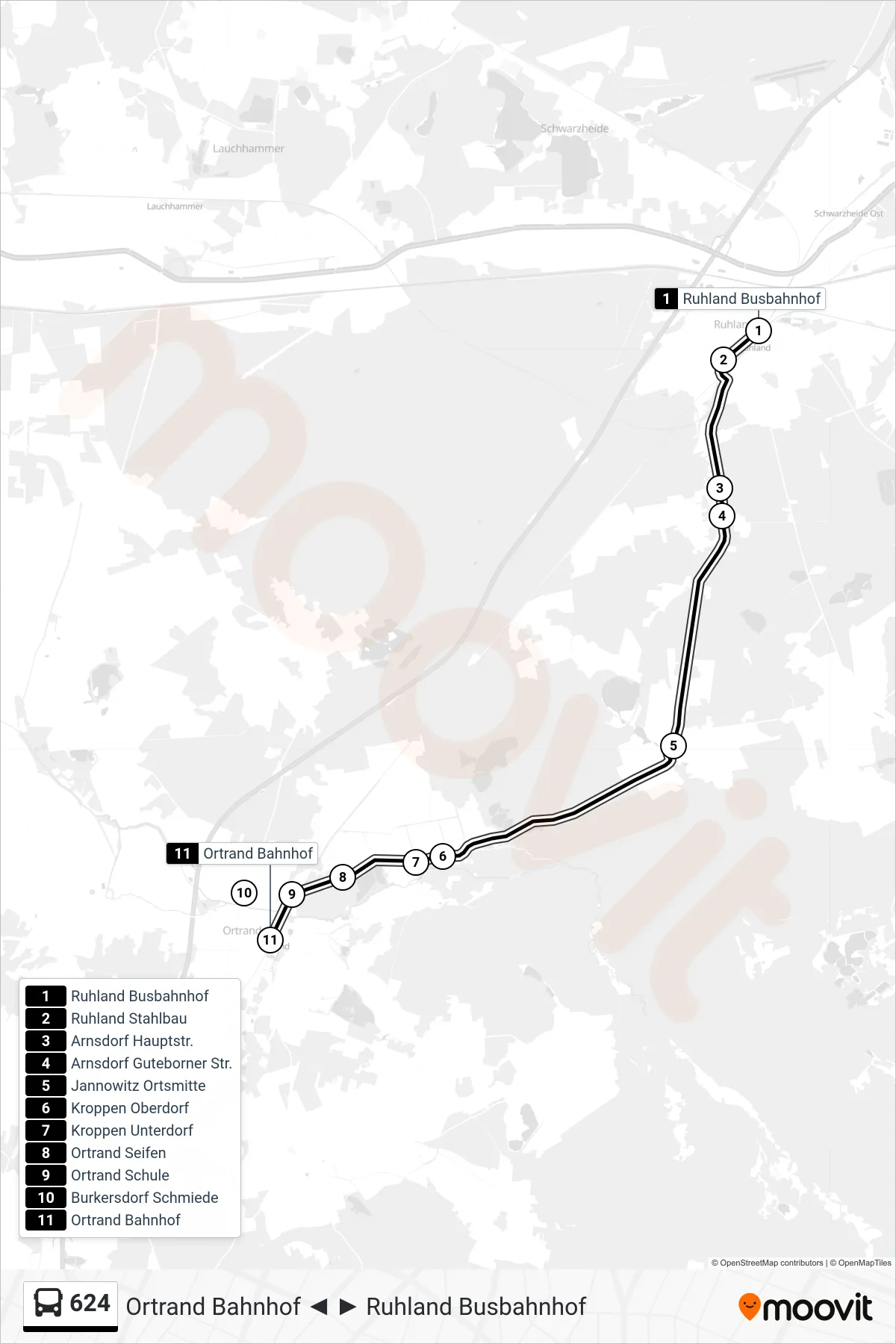 Linie 624 (Bus) Richtung Ortrand Bahnhof: Route und Haltestellen auf der Karte