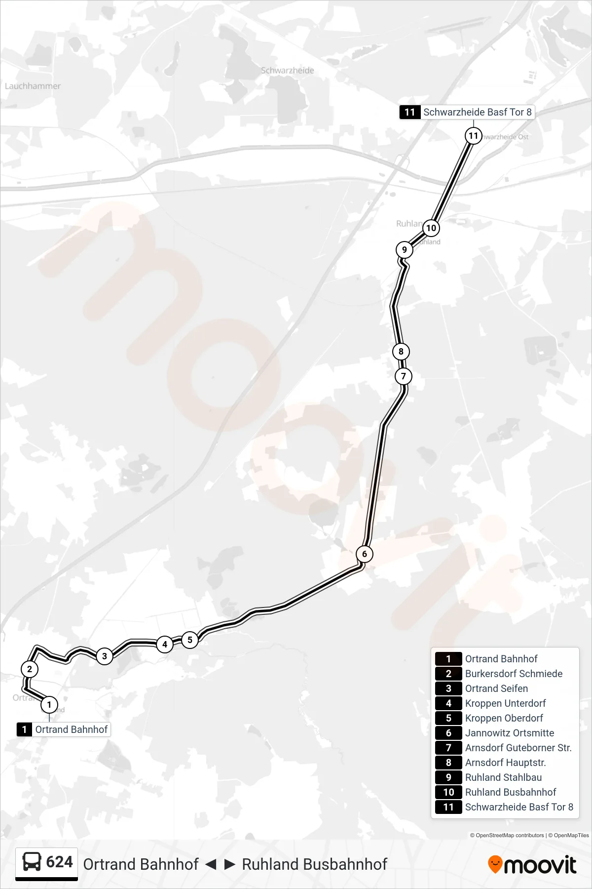 Linie 624 (Bus) Richtung Schwarzheide Basf Tor 8: Route und Haltestellen auf der Karte