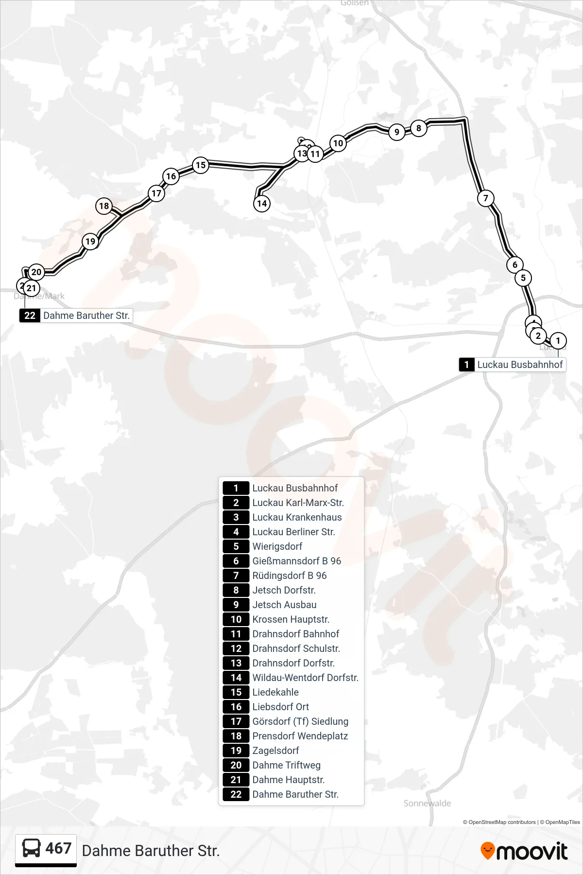 467 bus Line (Dahme Baruther Str.) route and stops on a map