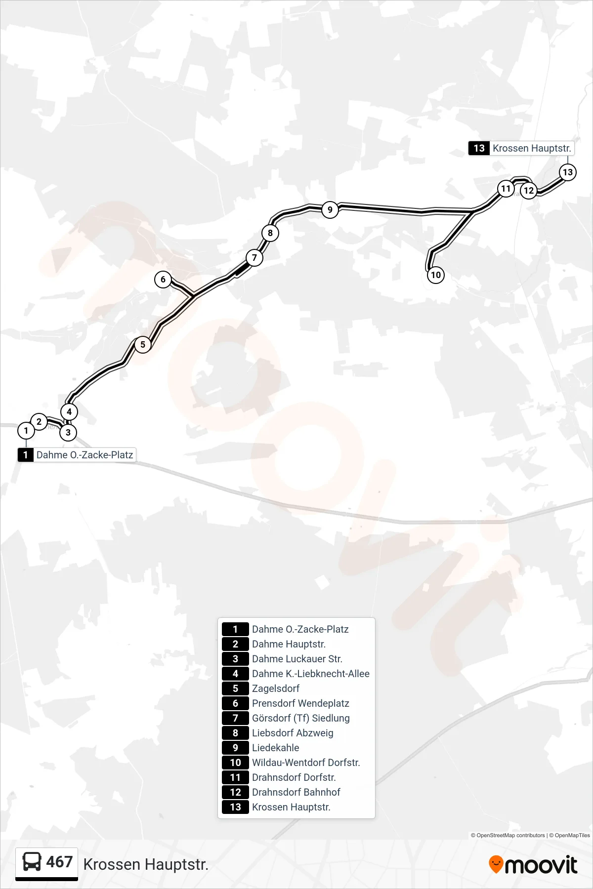 Linie 467 (Bus) Richtung Krossen Hauptstr.: Route und Haltestellen auf der Karte