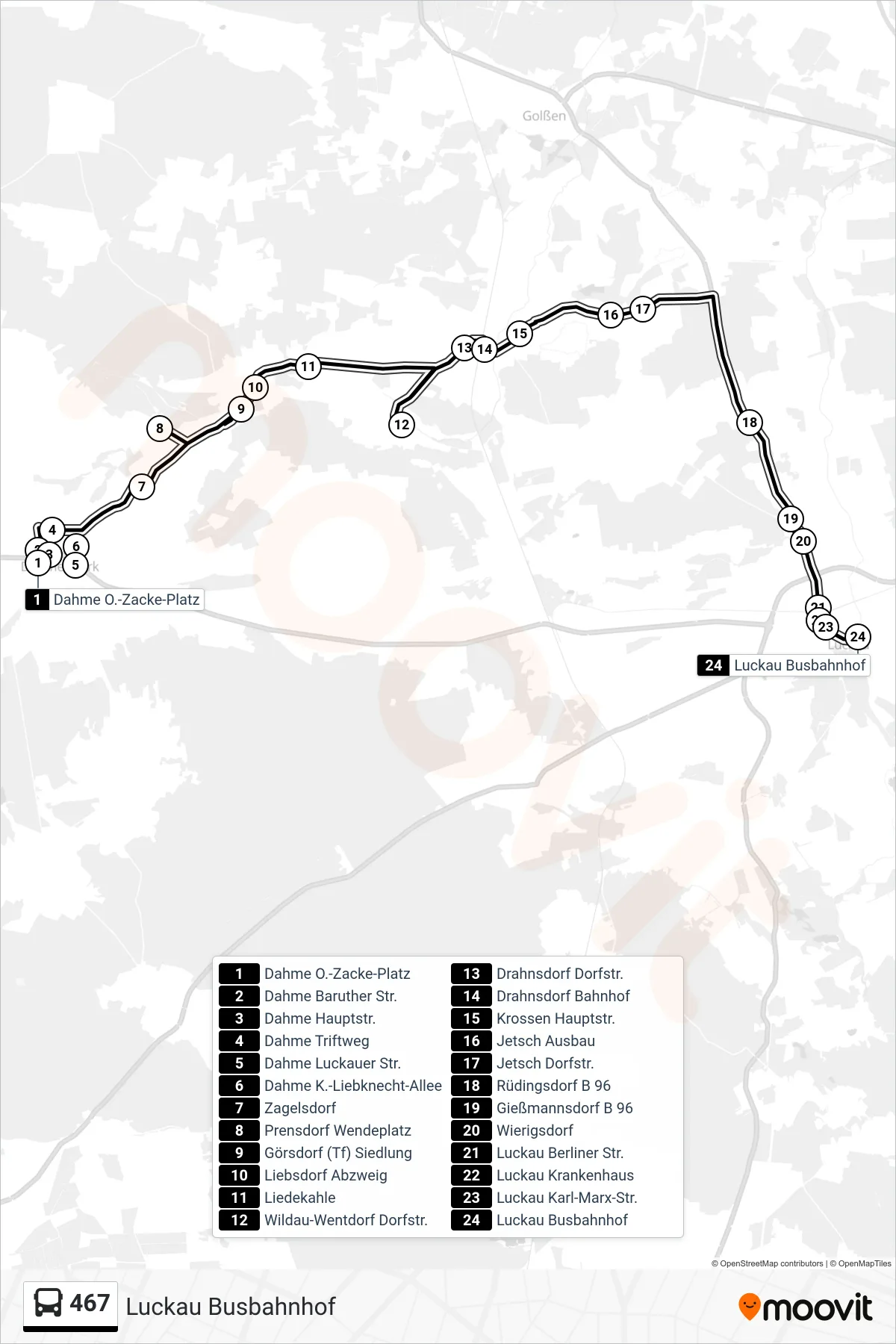 Linie 467 (Bus) Richtung Luckau Busbahnhof: Route und Haltestellen auf der Karte