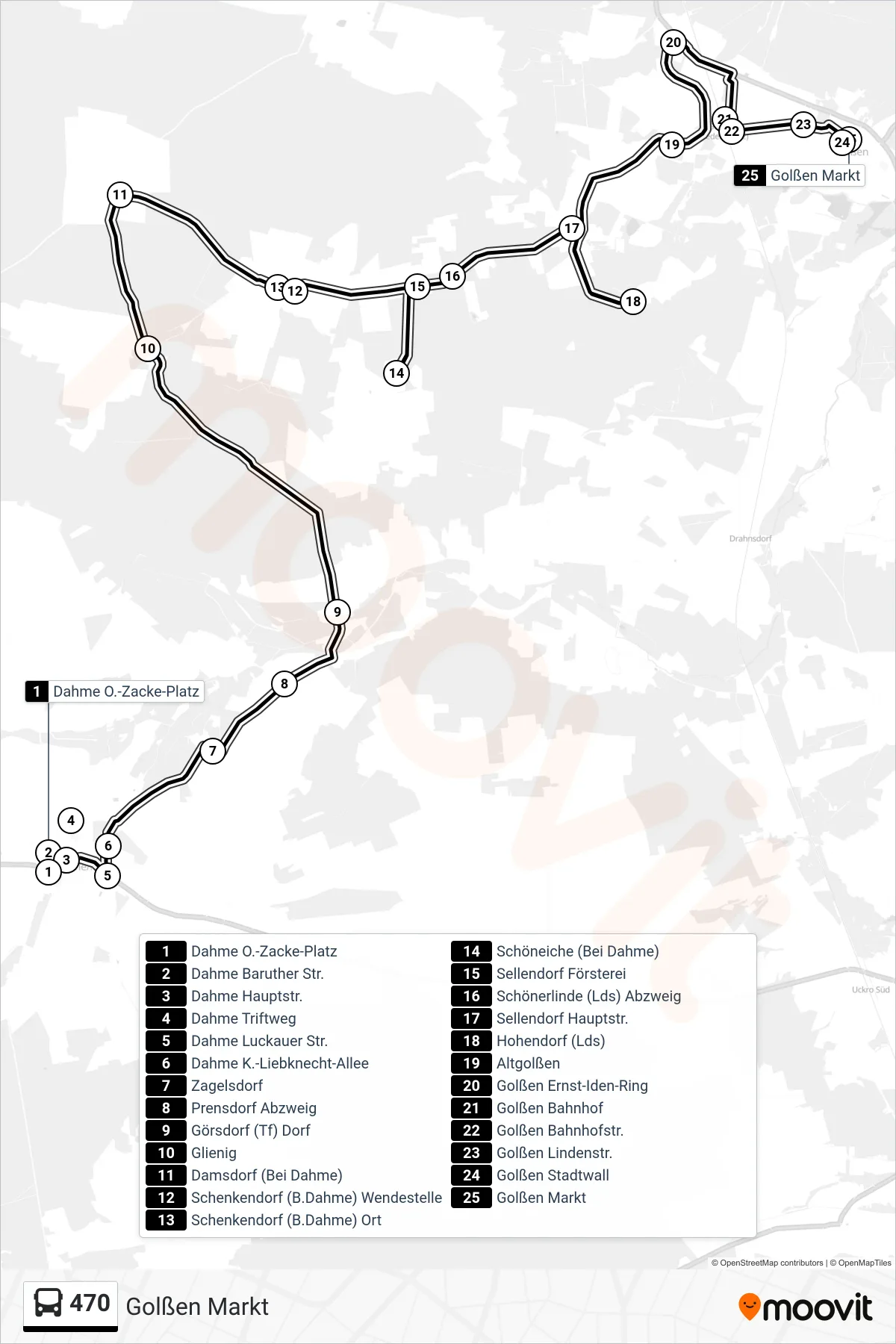 470 bus Line (Golßen Markt) route and stops on a map