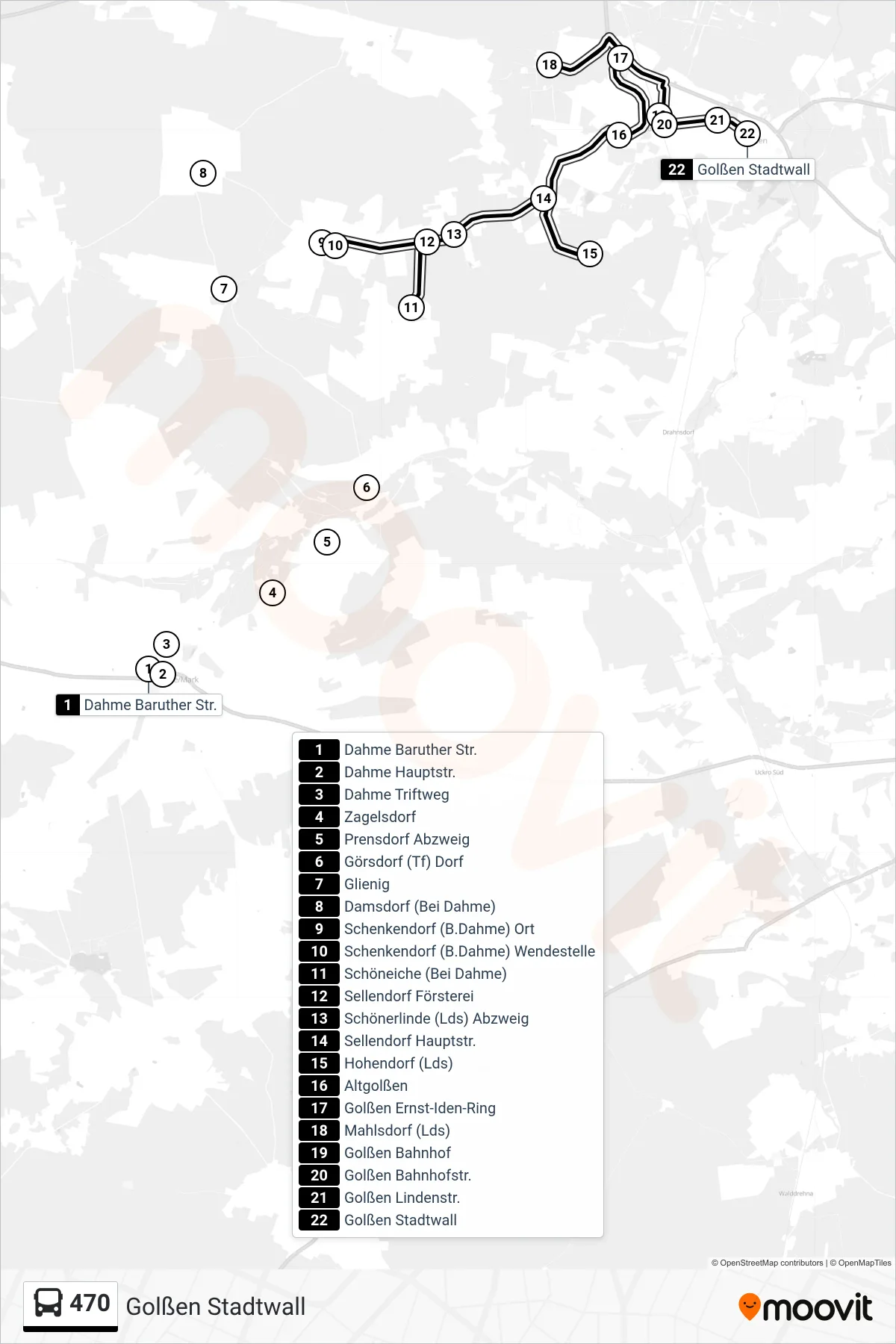 Linie 470 (Bus) Richtung Golßen Stadtwall: Route und Haltestellen auf der Karte