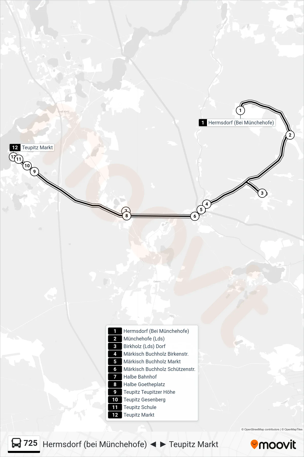Linie 725 (Bus) Richtung Teupitz Markt: Route und Haltestellen auf der Karte