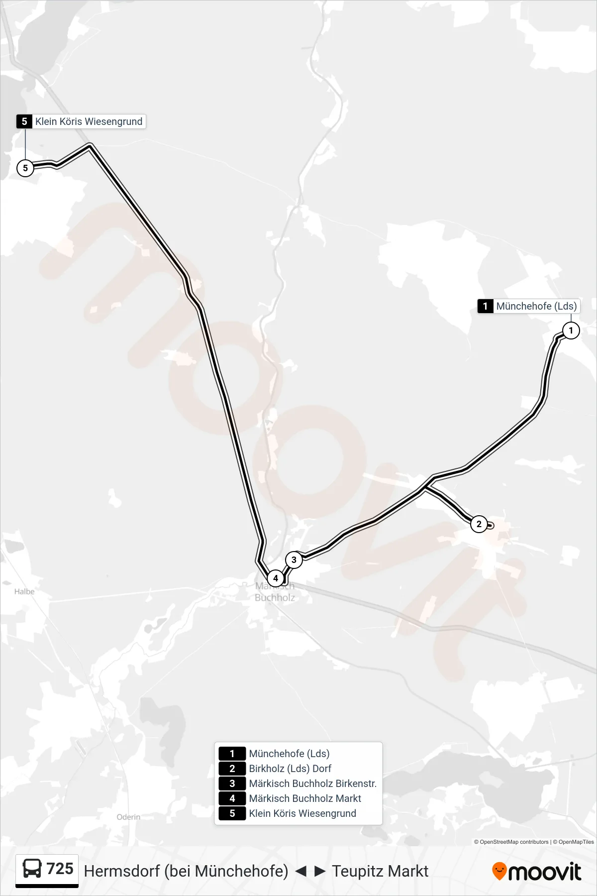 Linie 725 (Bus) Richtung Klein Köris Wiesengrund: Route und Haltestellen auf der Karte