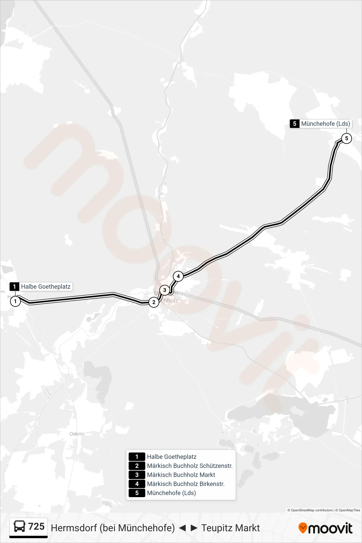 Linie 725 (Bus) Richtung Münchehofe (Lds): Route und Haltestellen auf der Karte