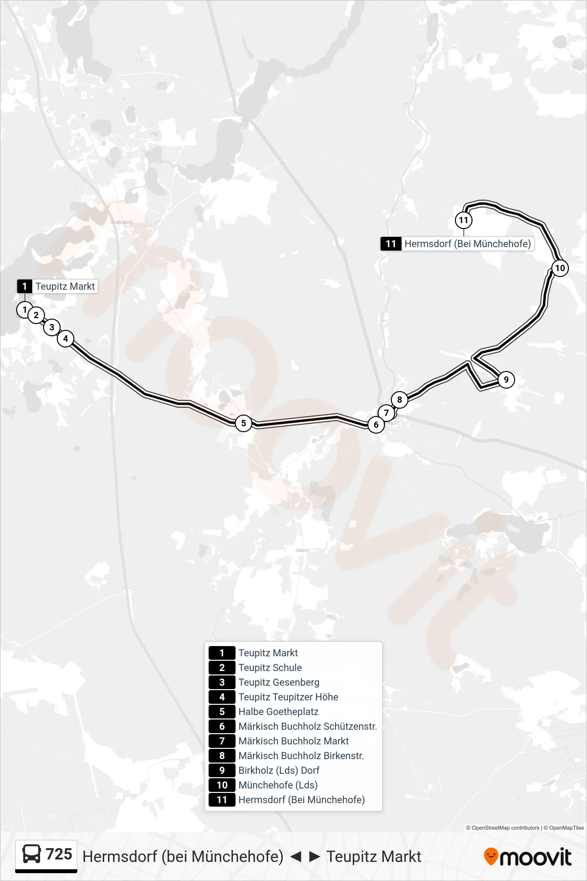 Linie 725 (Bus) Richtung Hermsdorf (Bei Münchehofe): Route und Haltestellen auf der Karte