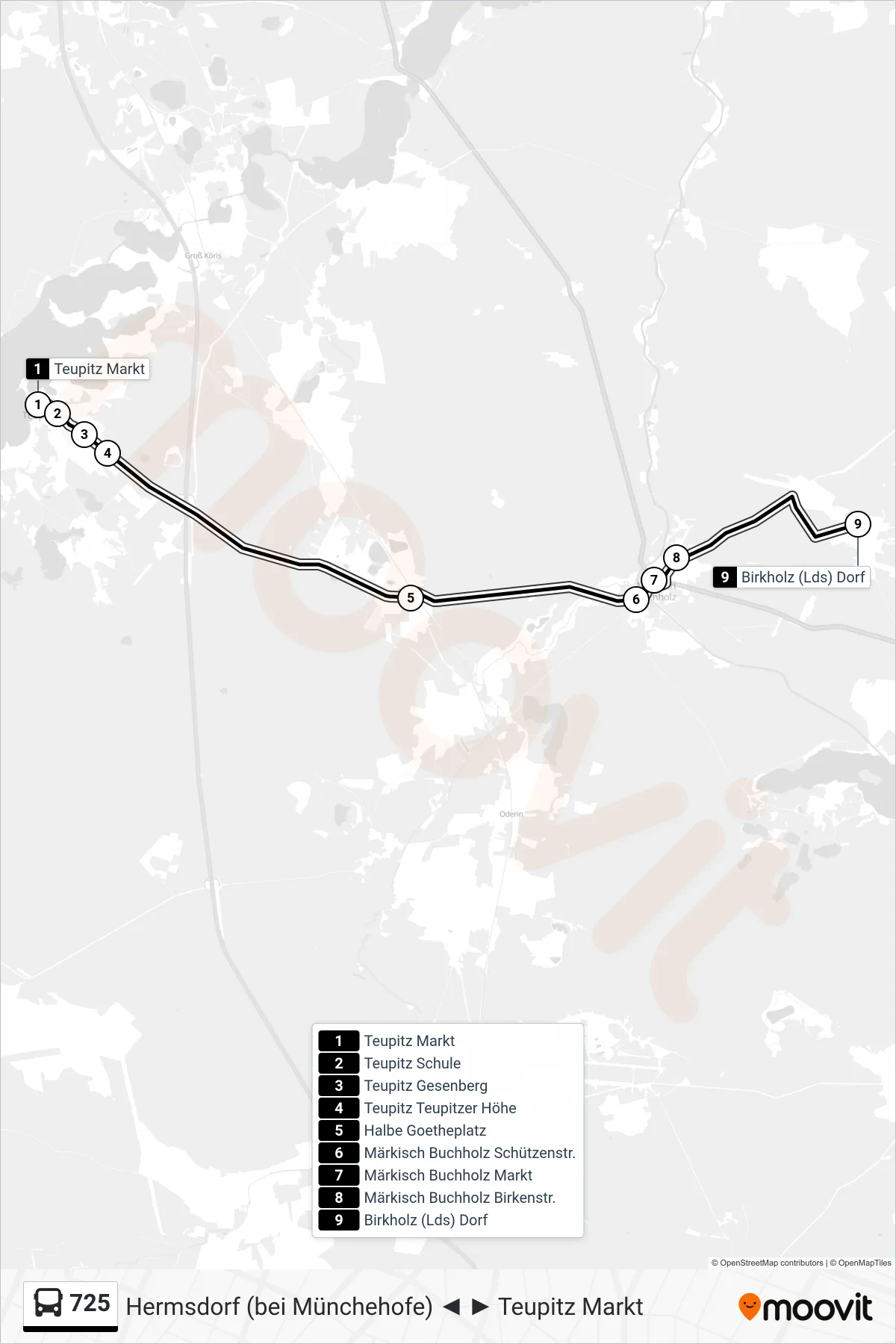 Linie 725 (Bus) Richtung Birkholz (Lds) Dorf: Route und Haltestellen auf der Karte