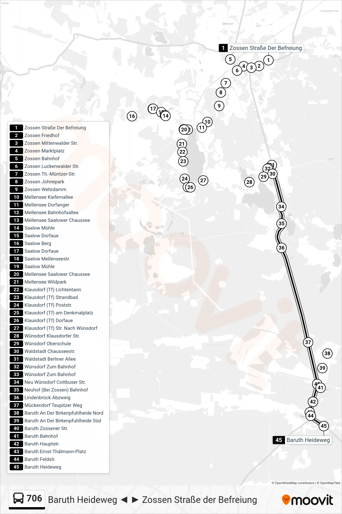 Linie 706 (Bus) Richtung Baruth Heideweg: Route und Haltestellen auf der Karte
