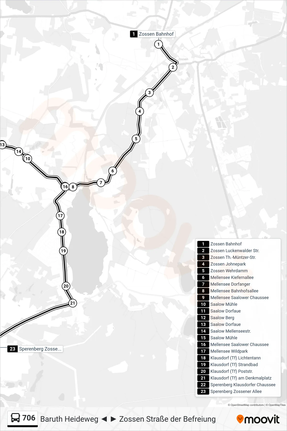 Linie 706 (Bus) Richtung Sperenberg Zossener Allee: Route und Haltestellen auf der Karte