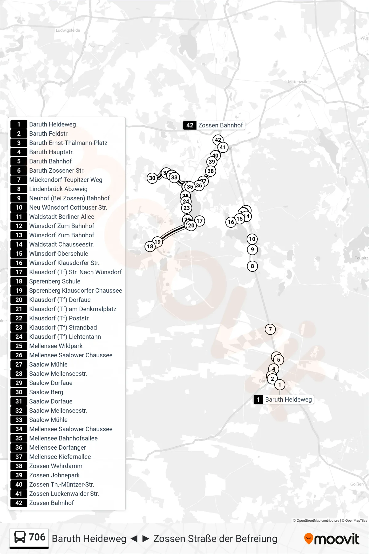 Linie 706 (Bus) Richtung Zossen Bahnhof: Route und Haltestellen auf der Karte
