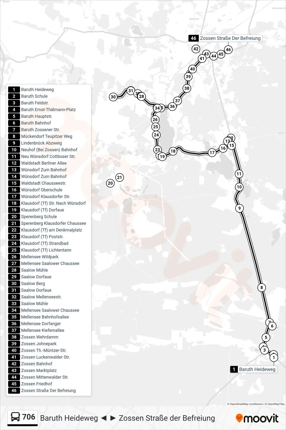Linie 706 (Bus) Richtung Zossen Straße Der Befreiung: Route und Haltestellen auf der Karte