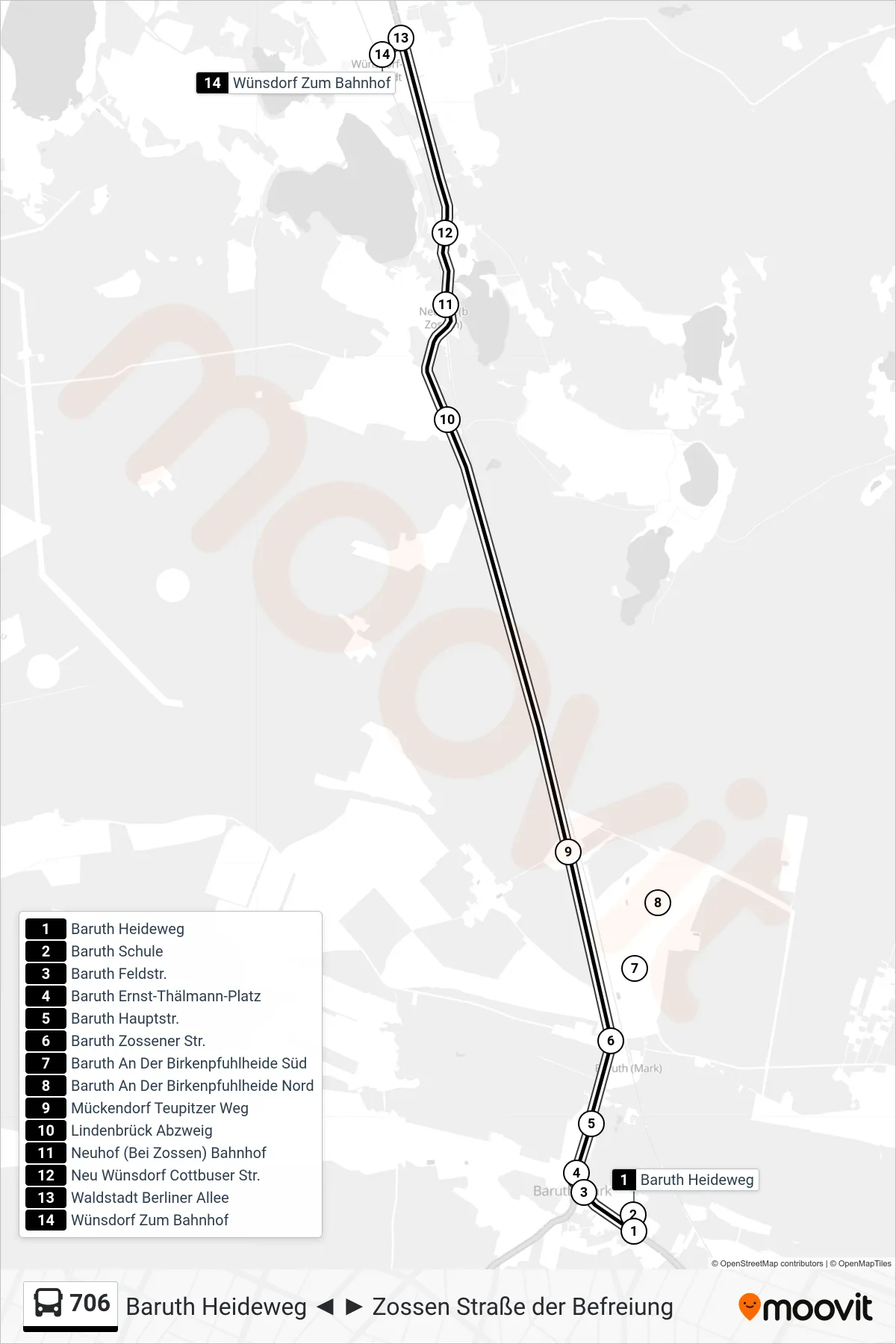 Linie 706 (Bus) Richtung Wünsdorf Zum Bahnhof: Route und Haltestellen auf der Karte