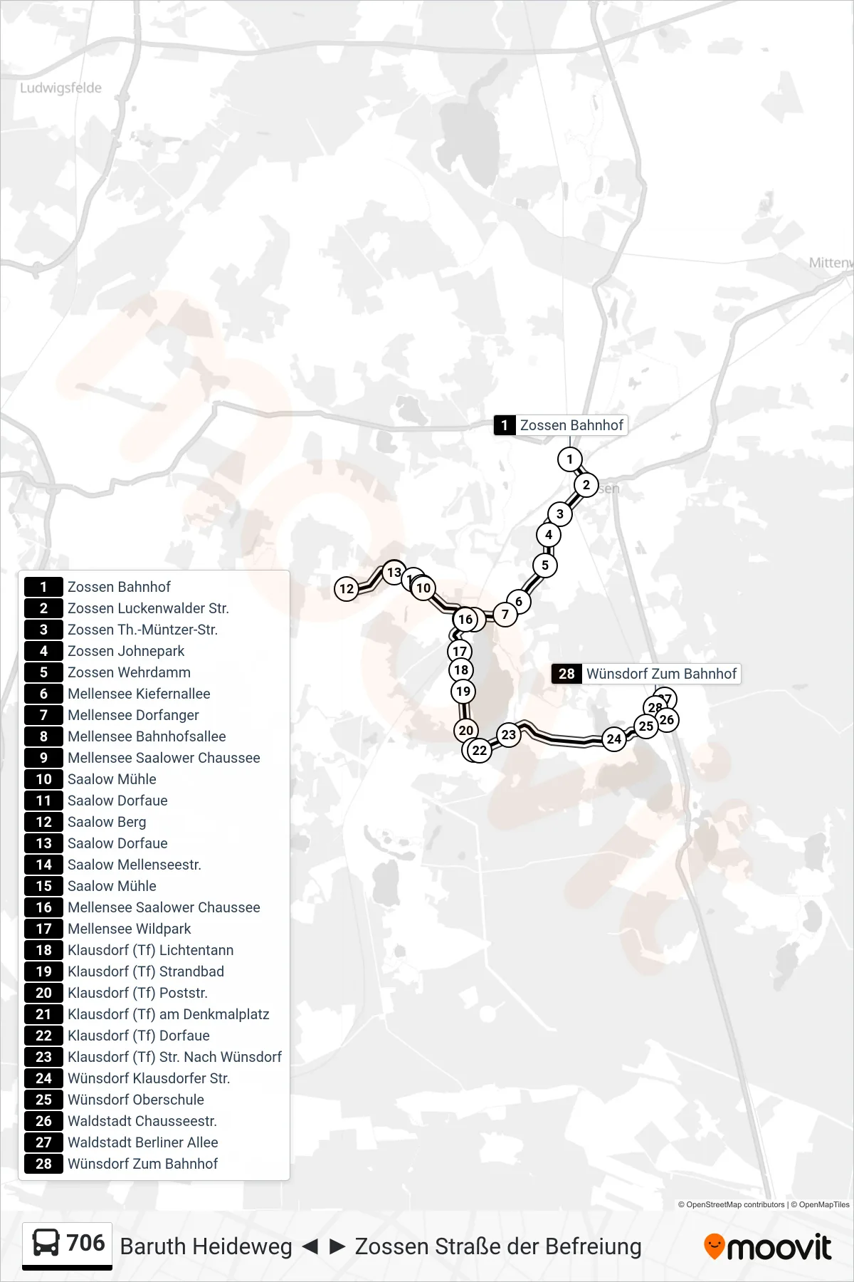 706 bus Line (Wünsdorf Zum Bahnhof) route and stops on a map