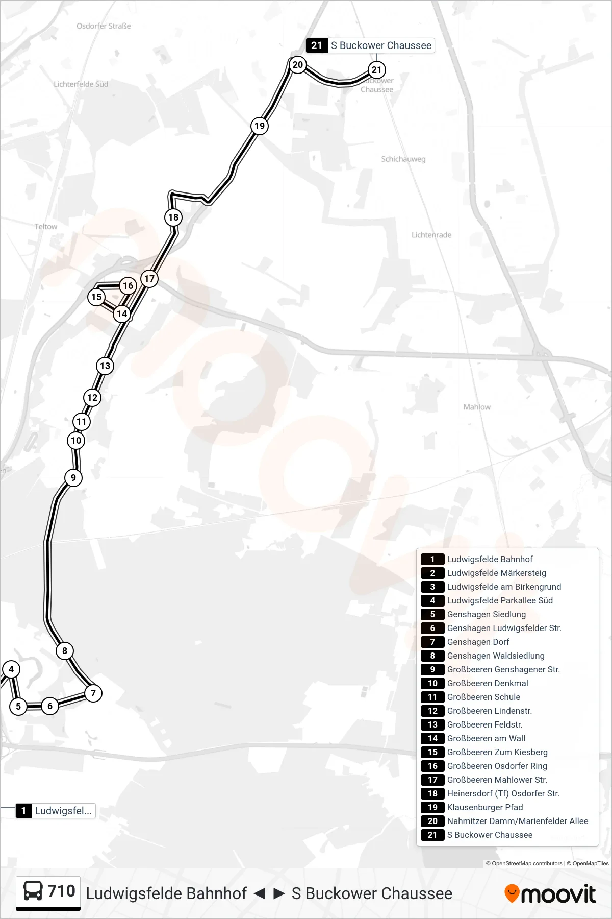 Linie 710 (Bus) Richtung S Buckower Chaussee: Route und Haltestellen auf der Karte
