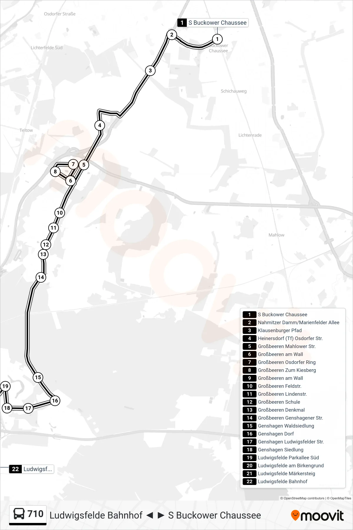 Linie 710 (Bus) Richtung Ludwigsfelde Bahnhof: Route und Haltestellen auf der Karte